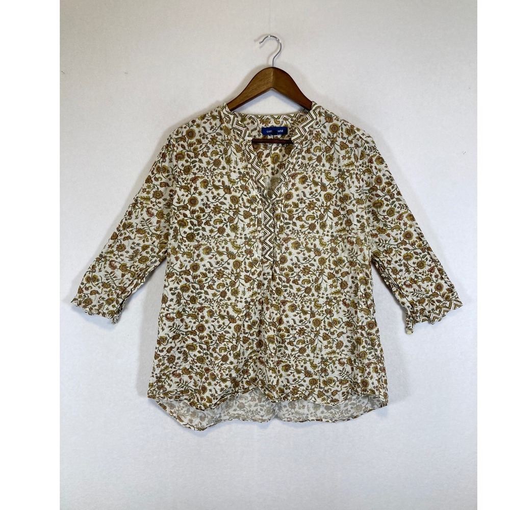 Boho Floral Cottonworld Women XXL Brown 3/4 Sleeve‎ Split Neck Cotton Tunic Top